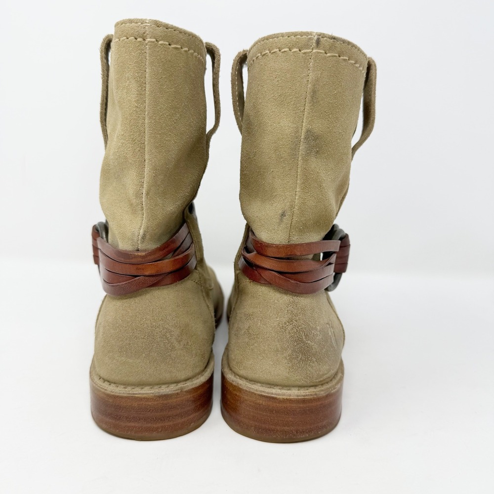 Frye Harness Suede Short Ankle Boots Beige‎ Tan Leather Straps 7.5 - Picture 5 of 14